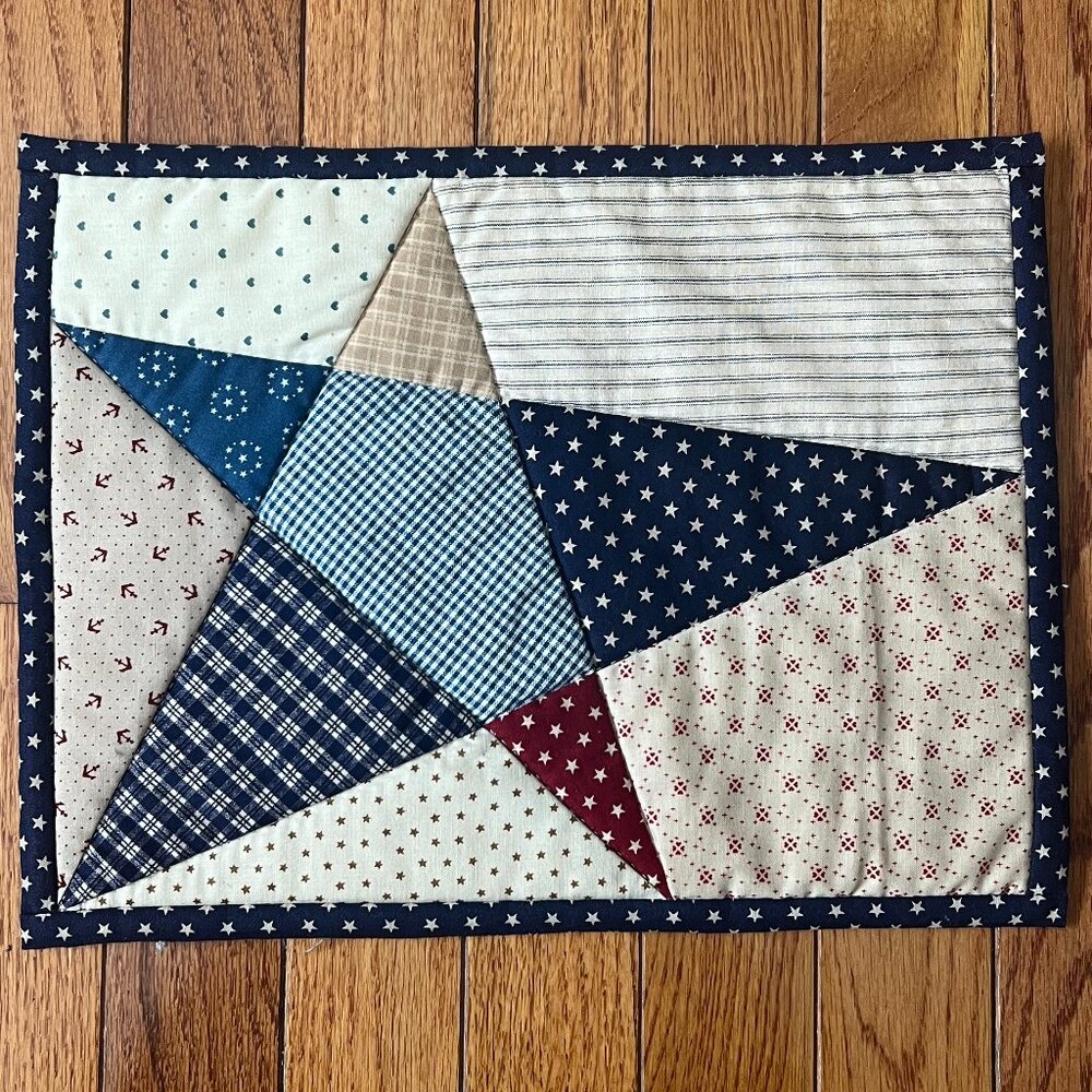 Handmade Hand Stitched Patchwork Primitive Star Quilt Placemat Table Topper